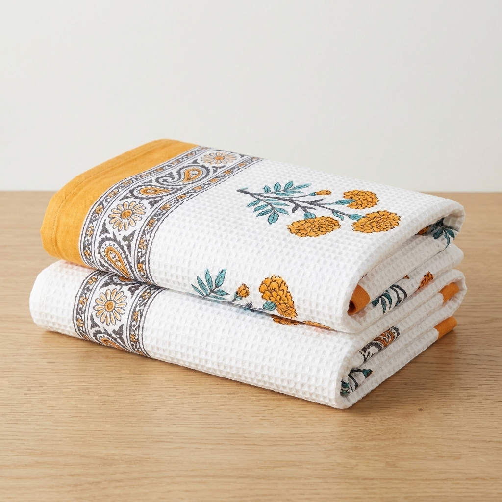 Waypoint Marigold Block Print Waffle Towel – Teal & Saffron Border