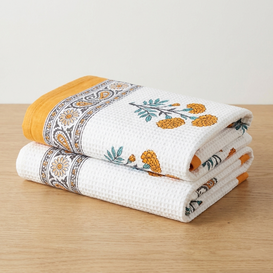 Waypoint Marigold Block Print Waffle Towel – Teal & Saffron Border