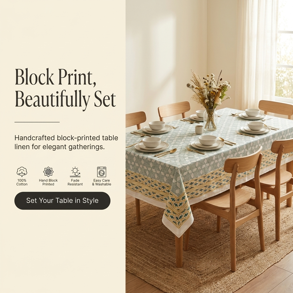 Waypoint Sage Hexagon Block Print Table Cloth – Mustard Border Design