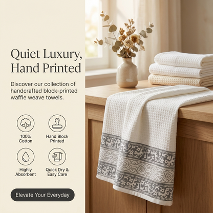 Waypoint White Block Print Waffle Towel – Grey Trellis Border Design
