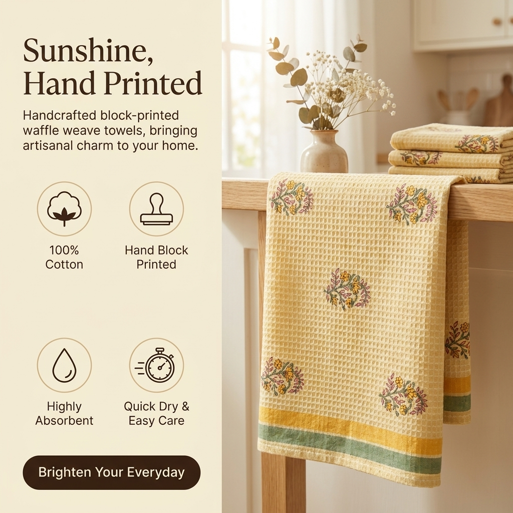 Waypoint Butter Yellow Block Print Waffle Towel – Floral Sprig Design