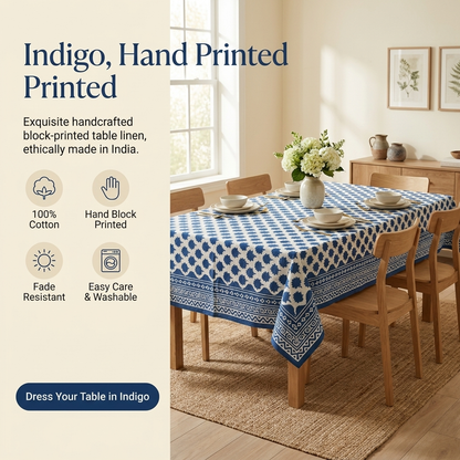 Waypoint Indigo Starburst Block Print Table Cloth – Scalloped Border Design
