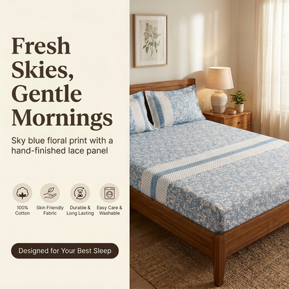 Waypoint Sky Blue Floral Cotton Bedsheet – Lace Panel Design