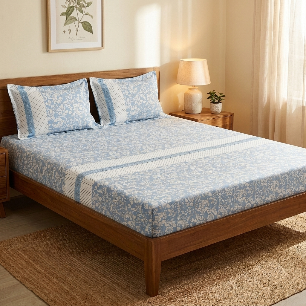 Waypoint Sky Blue Floral Cotton Bedsheet – Lace Panel Design