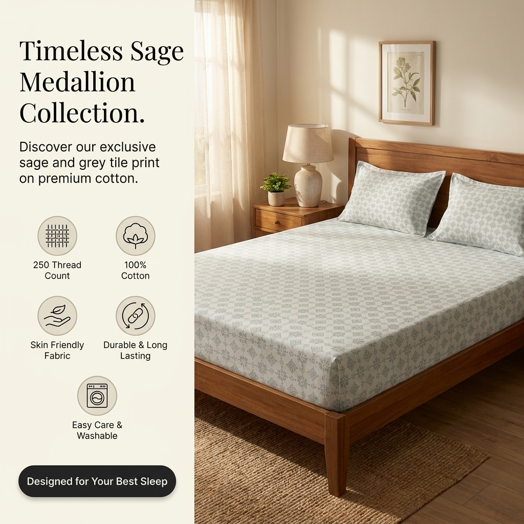 Waypoint Sage Medallion Cotton Bedsheet – Tile Print Design