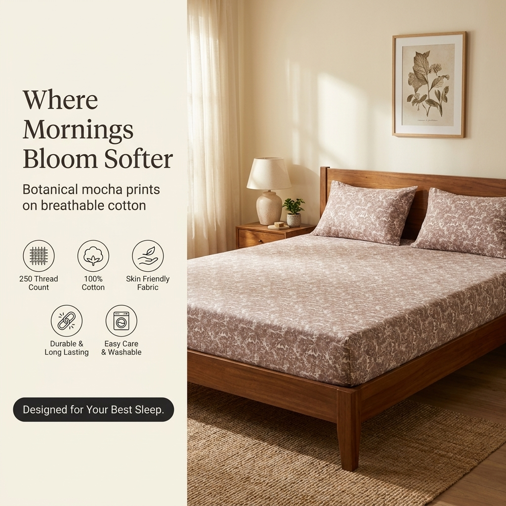 Waypoint Mocha Botanical Cotton Bedsheet – Leaf Print Design