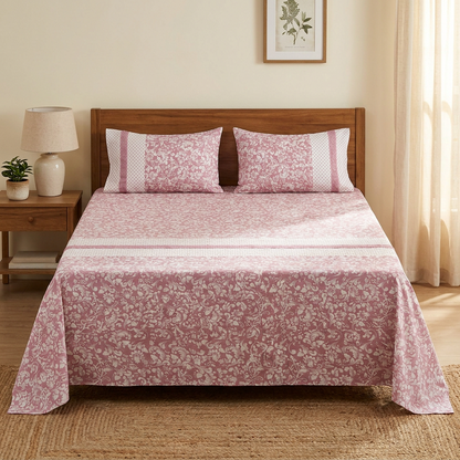 Waypoint Dusty Rose Floral Cotton Bedsheet – Lace Panel Design