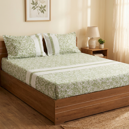 Waypoint Sage Floral Cotton Bedsheet – Lace Panel Design