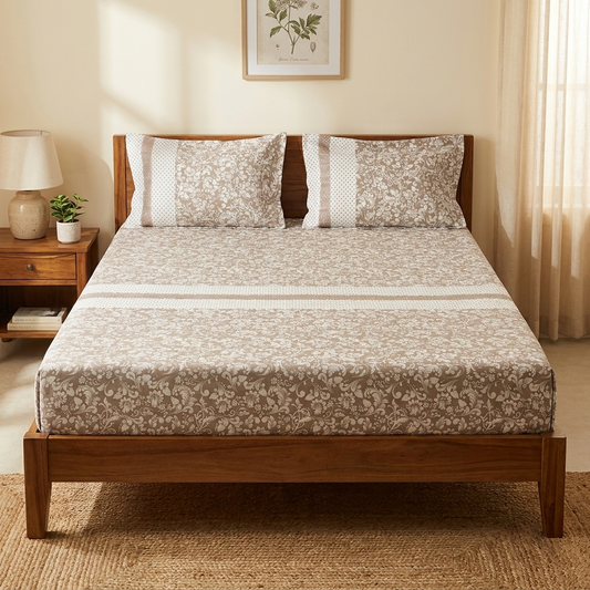 Waypoint Taupe Floral Cotton Bedsheet – Lace Panel Design