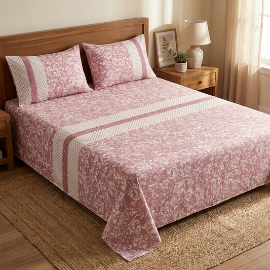 Waypoint Dusty Rose Floral Cotton Bedsheet – Lace Panel Design
