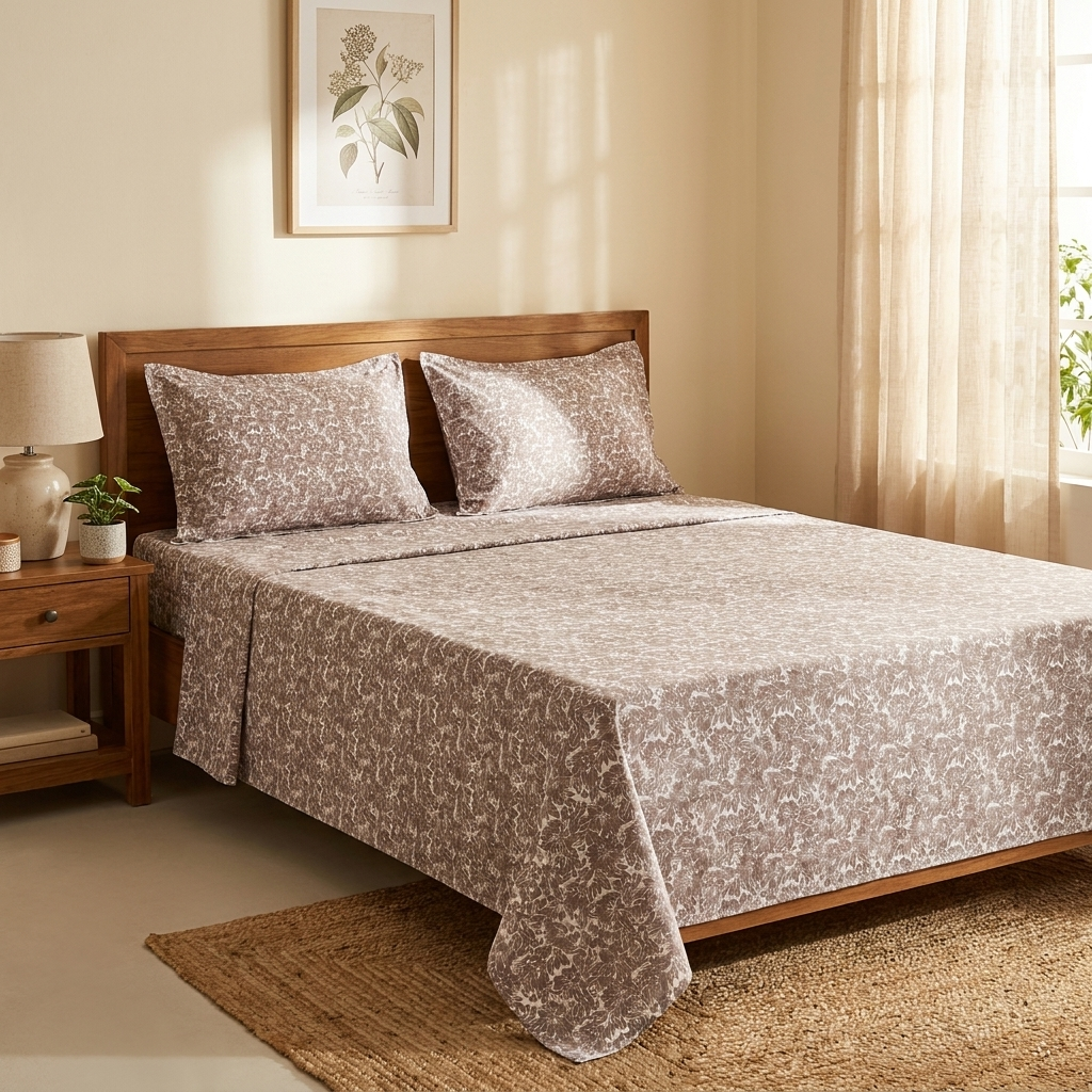 Waypoint Mocha Botanical Cotton Bedsheet – Leaf Print Design