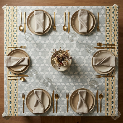 Waypoint Sage Hexagon Block Print Table Cloth – Mustard Border Design
