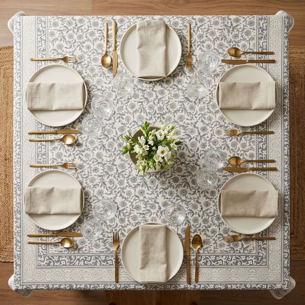 Waypoint Grey Vine Block Print Table Cloth – Trellis Border Design
