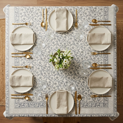 Waypoint Grey Vine Block Print Table Cloth – Trellis Border Design