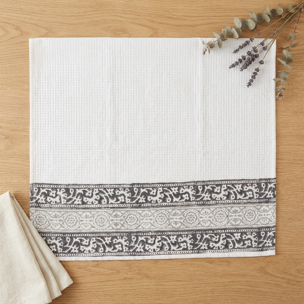 Waypoint White Block Print Waffle Towel – Grey Trellis Border Design