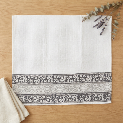 Waypoint White Block Print Waffle Towel – Grey Trellis Border Design