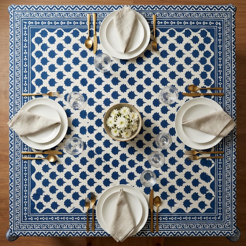 Waypoint Indigo Starburst Block Print Table Cloth – Scalloped Border Design