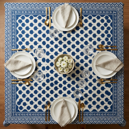Waypoint Indigo Starburst Block Print Table Cloth – Scalloped Border Design