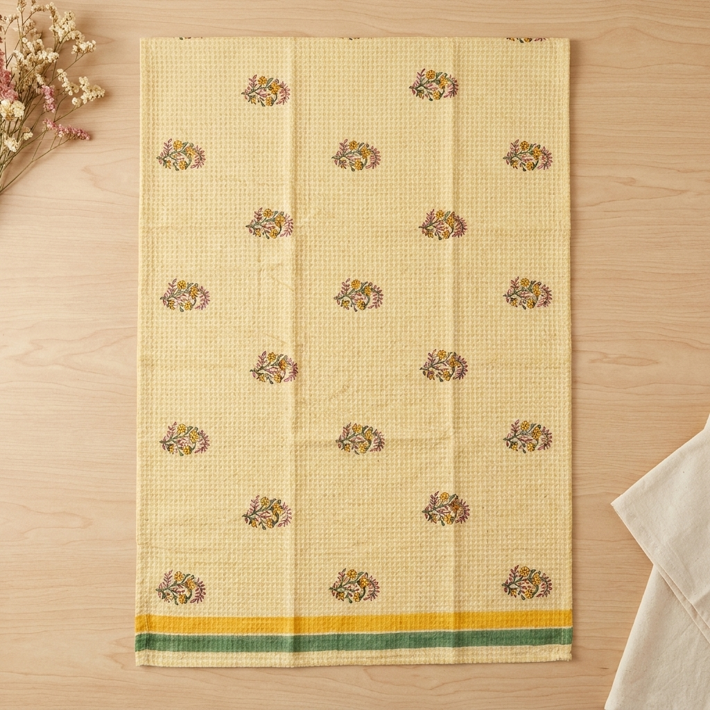 Waypoint Butter Yellow Block Print Waffle Towel – Floral Sprig Design