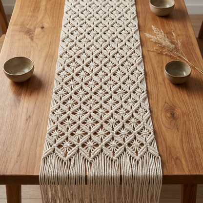 Waypoint Ivory Macramé Table Runner – Diamond Knot & Fringe