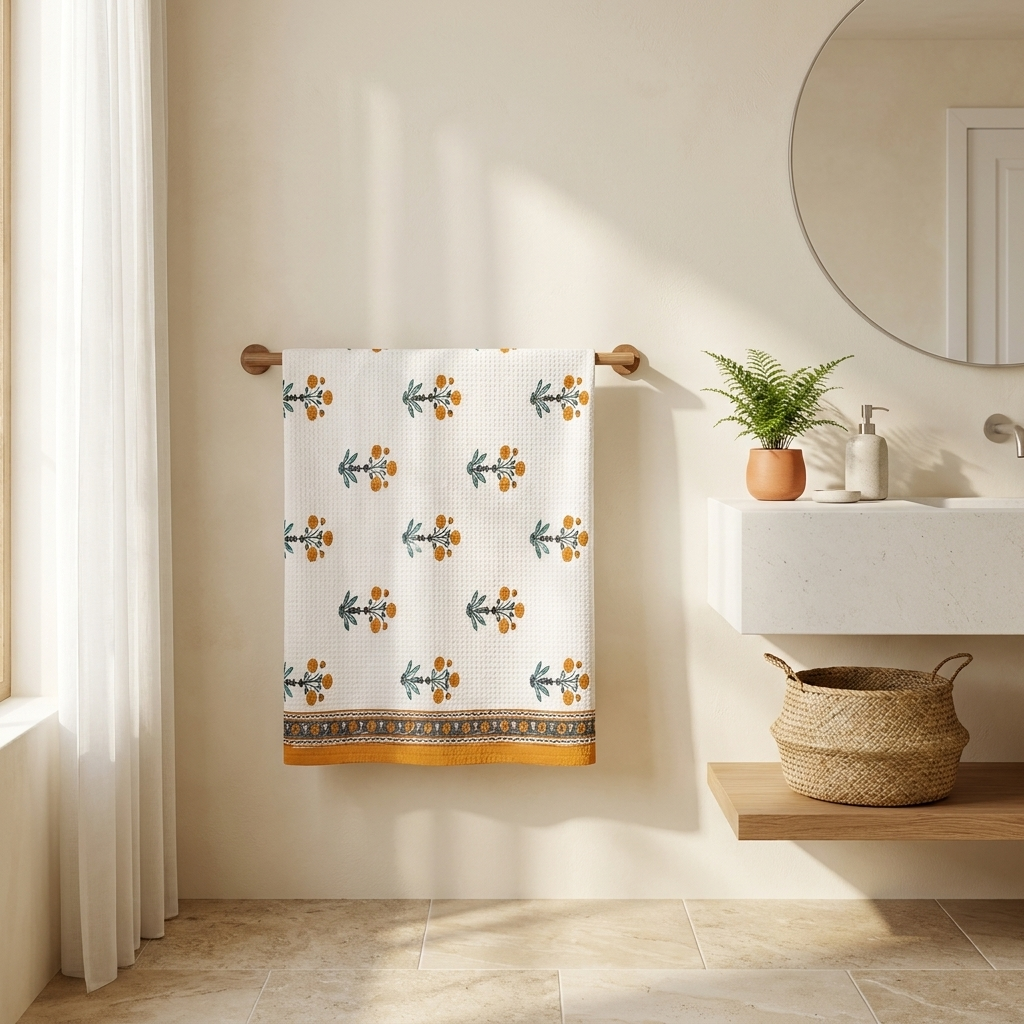 Waypoint Marigold Block Print Waffle Towel – Teal & Saffron Border
