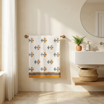 Waypoint Marigold Block Print Waffle Towel – Teal & Saffron Border