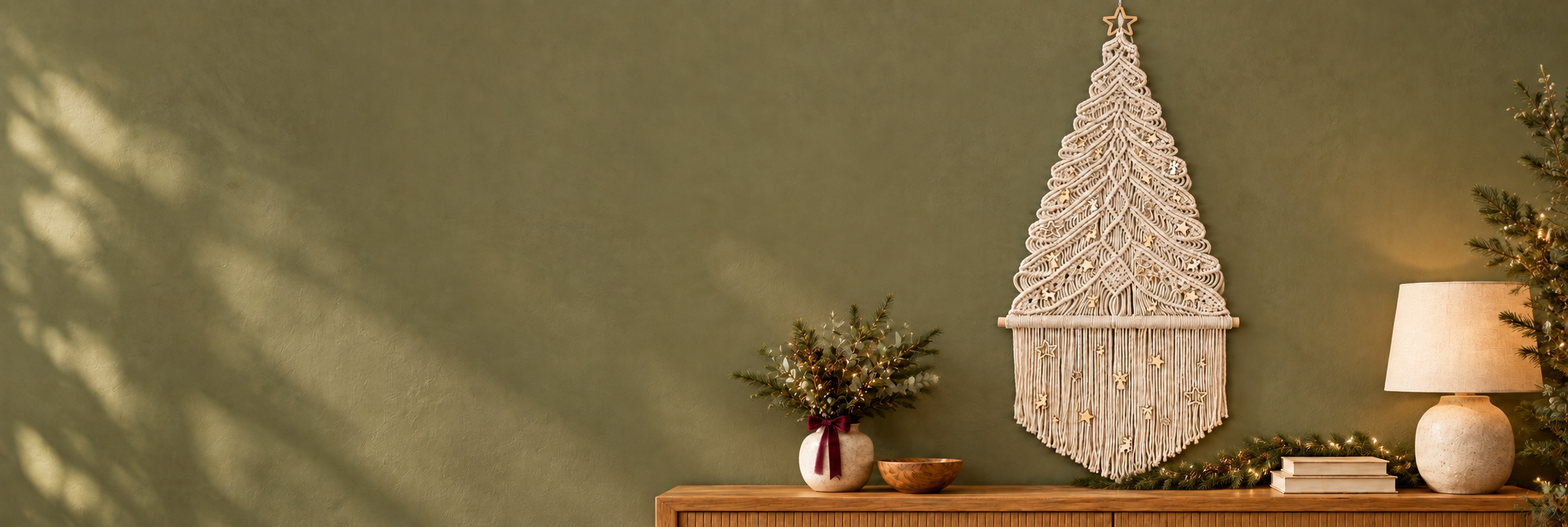 Cream macramé Christmas tree on an olive wall with understated evergreen decorations and warm festive lights
