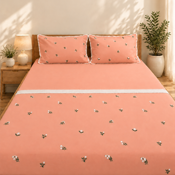Peach embroidered cotton bedsheet in a sunlit bedroom