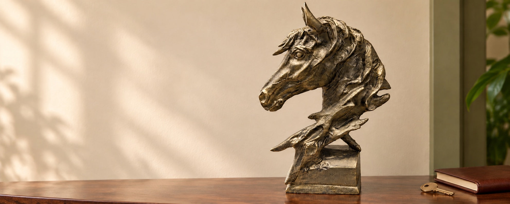 Bronze-finish aluminium horse head sculpture on a walnut console