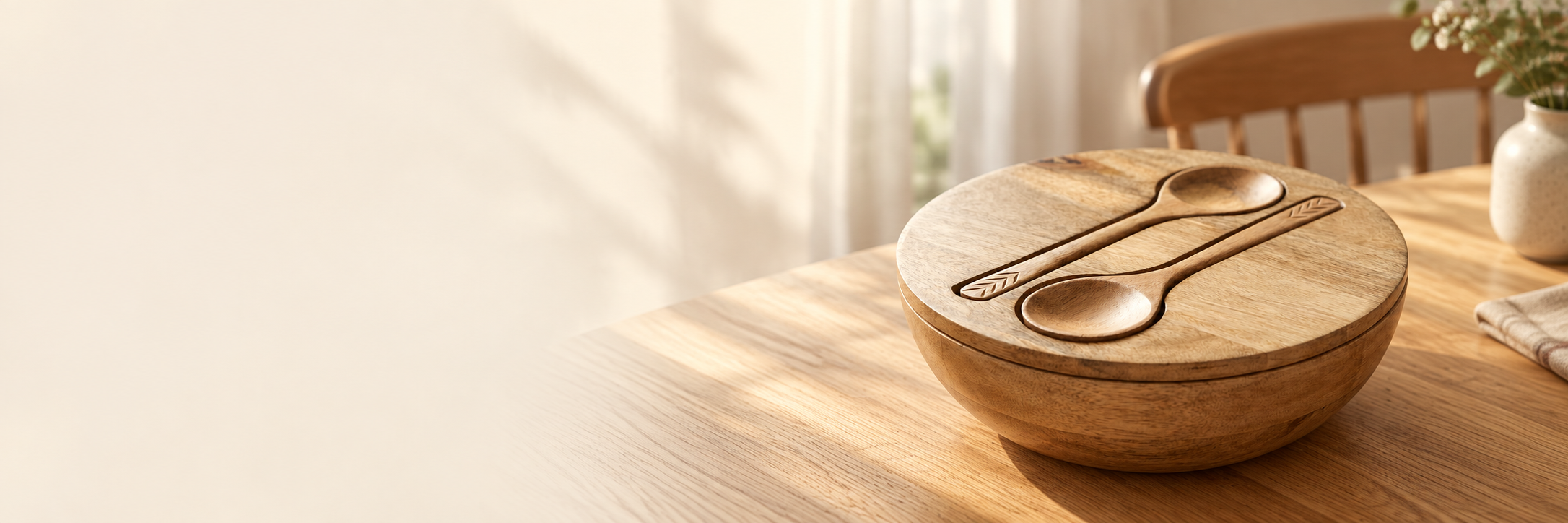 Wooden serving bowl with lid and serving spoons on a sunlit table
