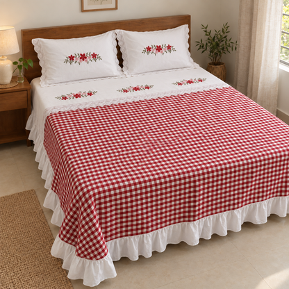 Floral Gingham Frill Cotton Bedsheet Set