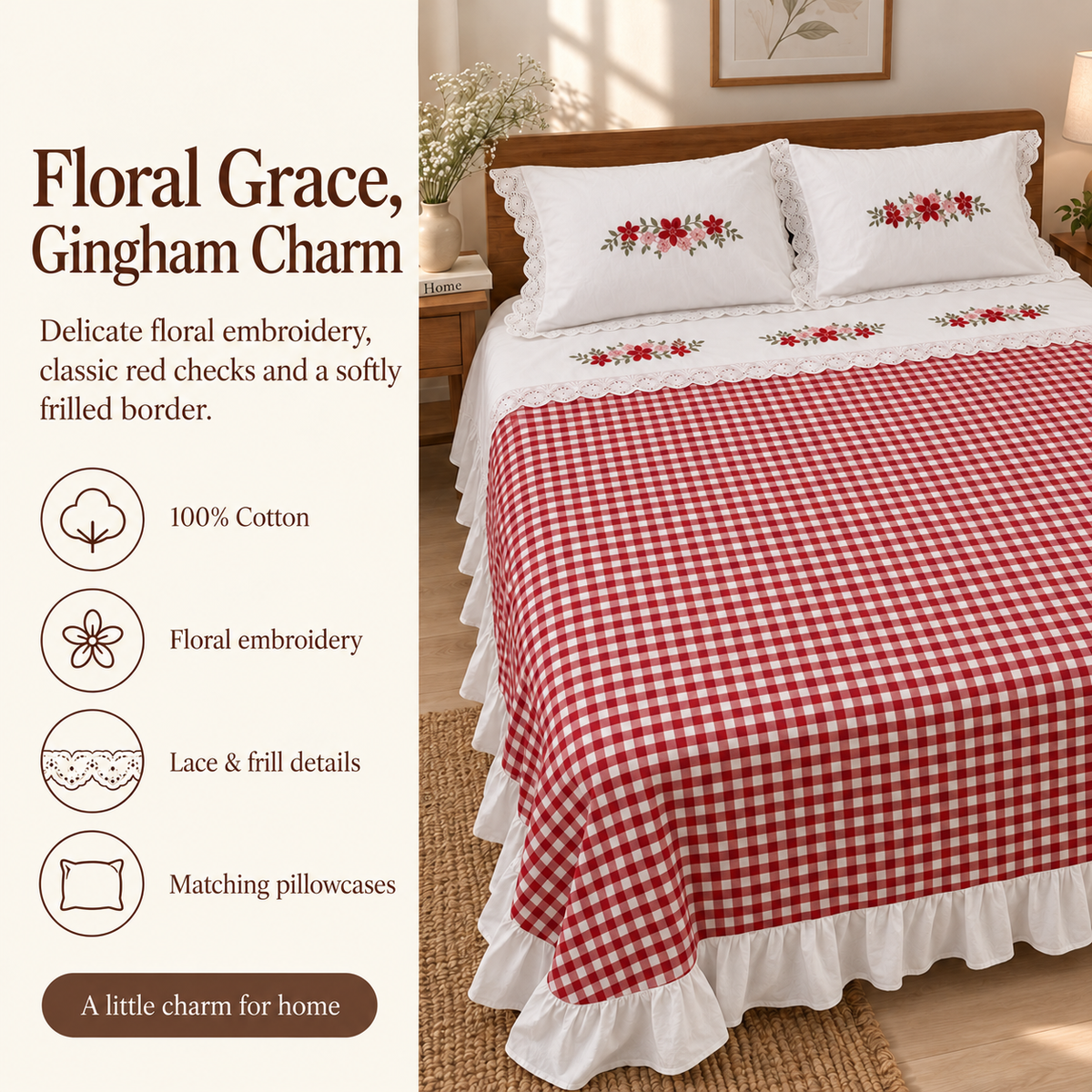 Floral Gingham Frill Cotton Bedsheet Set