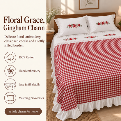 Floral Gingham Frill Cotton Bedsheet Set