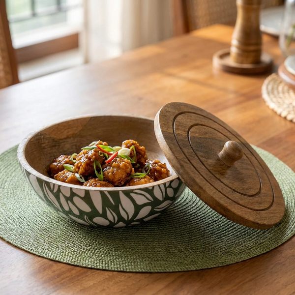 Leaf-patterned wooden serving bowl with lid on a dining table
