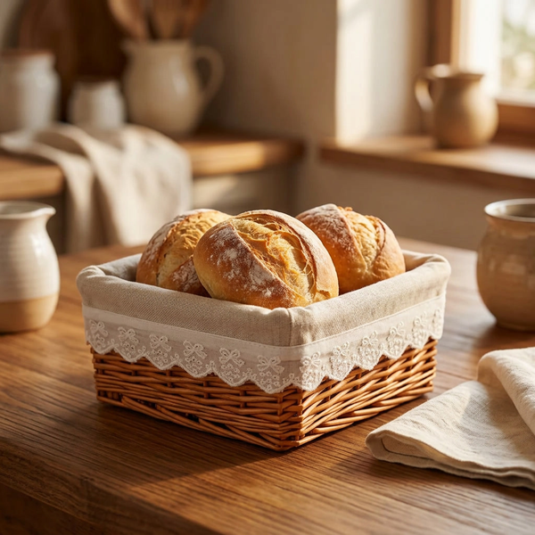 Cloth-lined willow basket on a warm wooden table