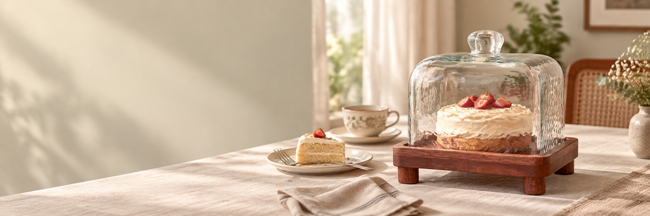 Textured glass cake dome on an acacia wood tray displaying a strawberry-topped cake