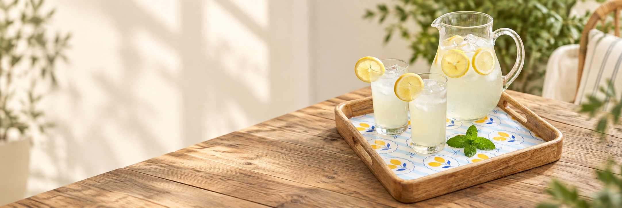 Lemon-print square wooden tray with cutout handles and lemonade