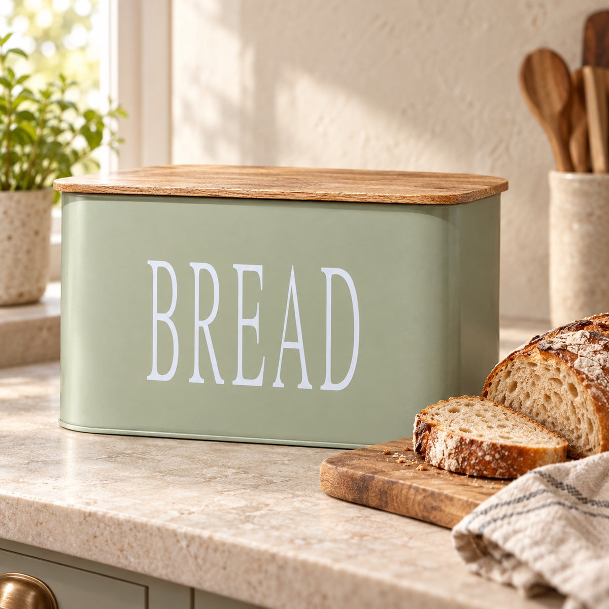 Vintage Sage Bread Box with Mango Wood Lid