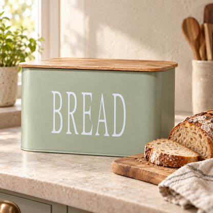 Vintage Sage Bread Box with Mango Wood Lid